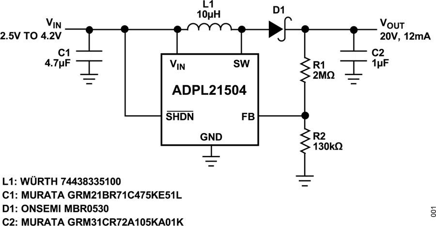 Application Circuit Diagram - Analog Devices Inc. ADPL21504 Micropower Step-Up DC-DC Converter