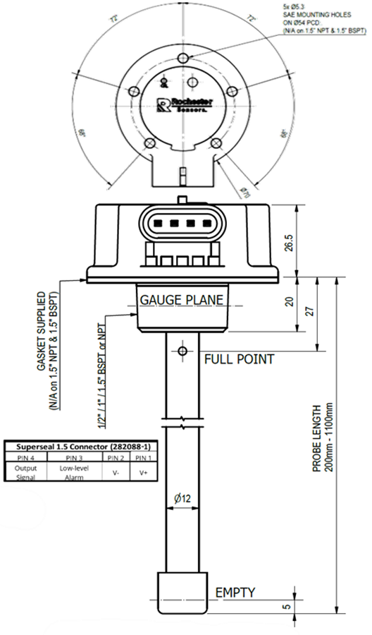 Mechanical Drawing - Amphenol Rochester Sensors TLL155 Capacitive Fuel Level Sensors
