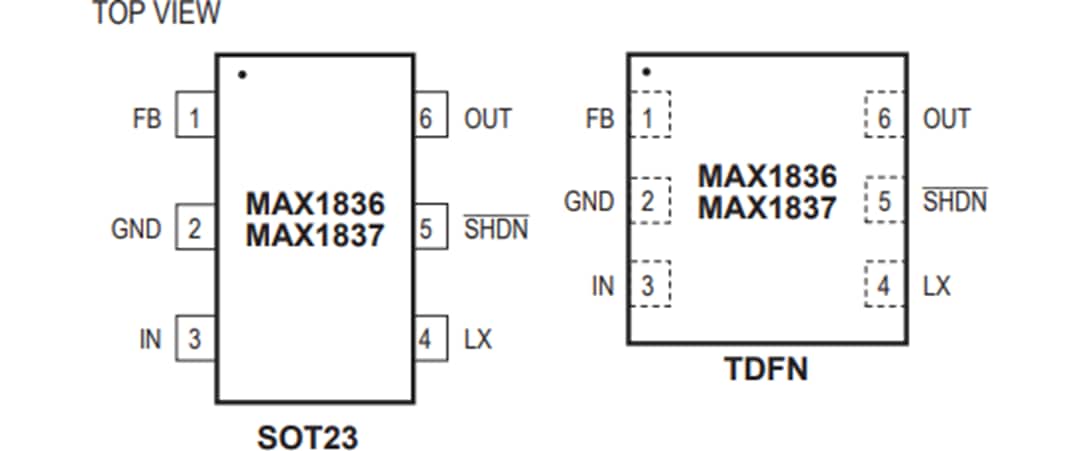 Mechanical Drawing - Analog Devices / Maxim Integrated MAX1836 & MAX1837 Step-Down Converters Mechanical Drawing - Analog Devices / Maxim Integrated MAX1836 & MAX1837 Step-Down Converters