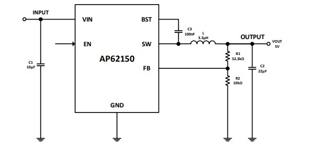 Application Circuit Diagram - Diodes Incorporated AP62150 Synchronous Buck Converter