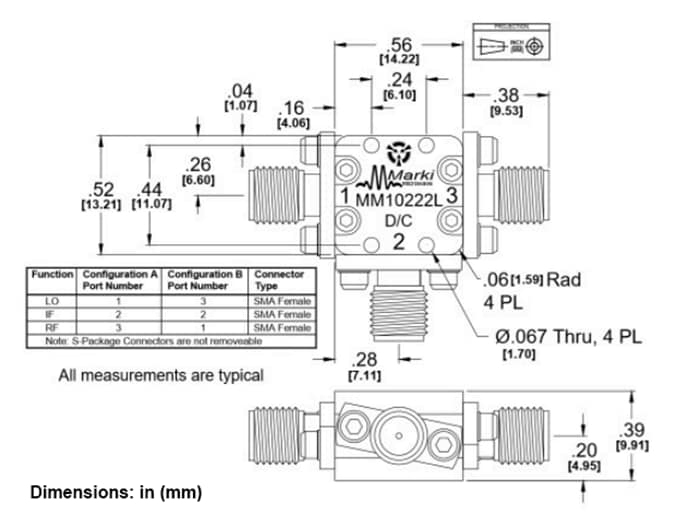 Mechanical Drawing - Marki Microwave MM1-0222LS GaAs MMIC Double Balanced Mixer