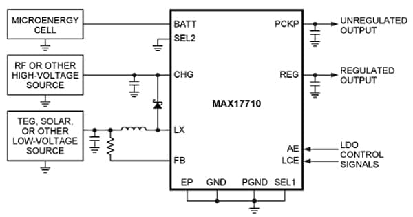 The MAX17710 shown in a typical application circuit harvesting from high-voltage charge sources. The MAX17710 shown in a typical application circuit harvesting from high-voltage charge sources.